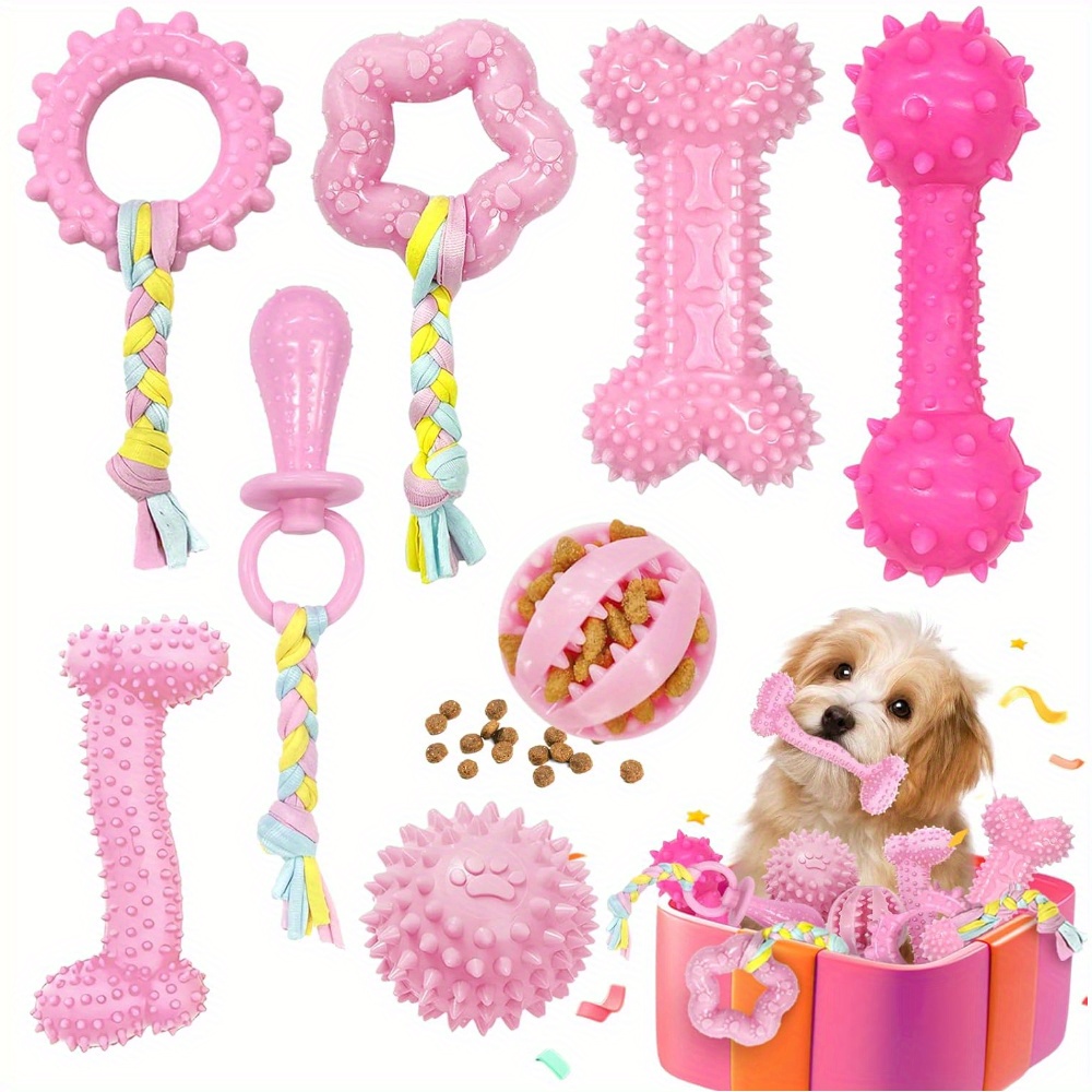 TEMU 8 Pack Dog Toys For Puppies - Interactive Rubber Chew Toys With 8 Shapes (rope Ball, Knot, Treat Dispenser) | Soft & Durable Teething Toys For ,