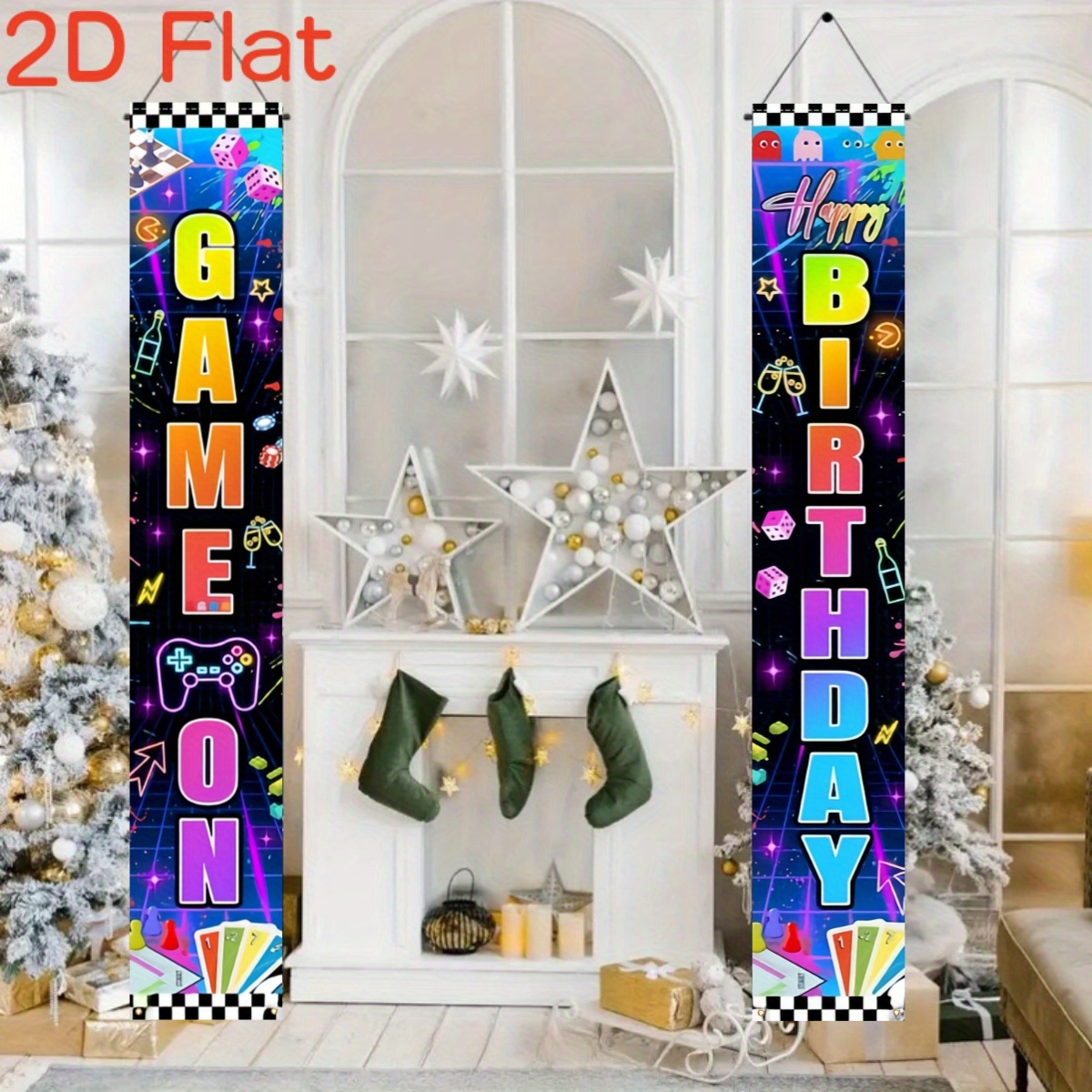 TEMU 2D Plat - 2D Plat - 2D Plat 2 stuks Happy Veranda Banner met een Videogame Thema, Geschikt voor Buiten Bruiloften en Gazon Decoraties, Afmeting