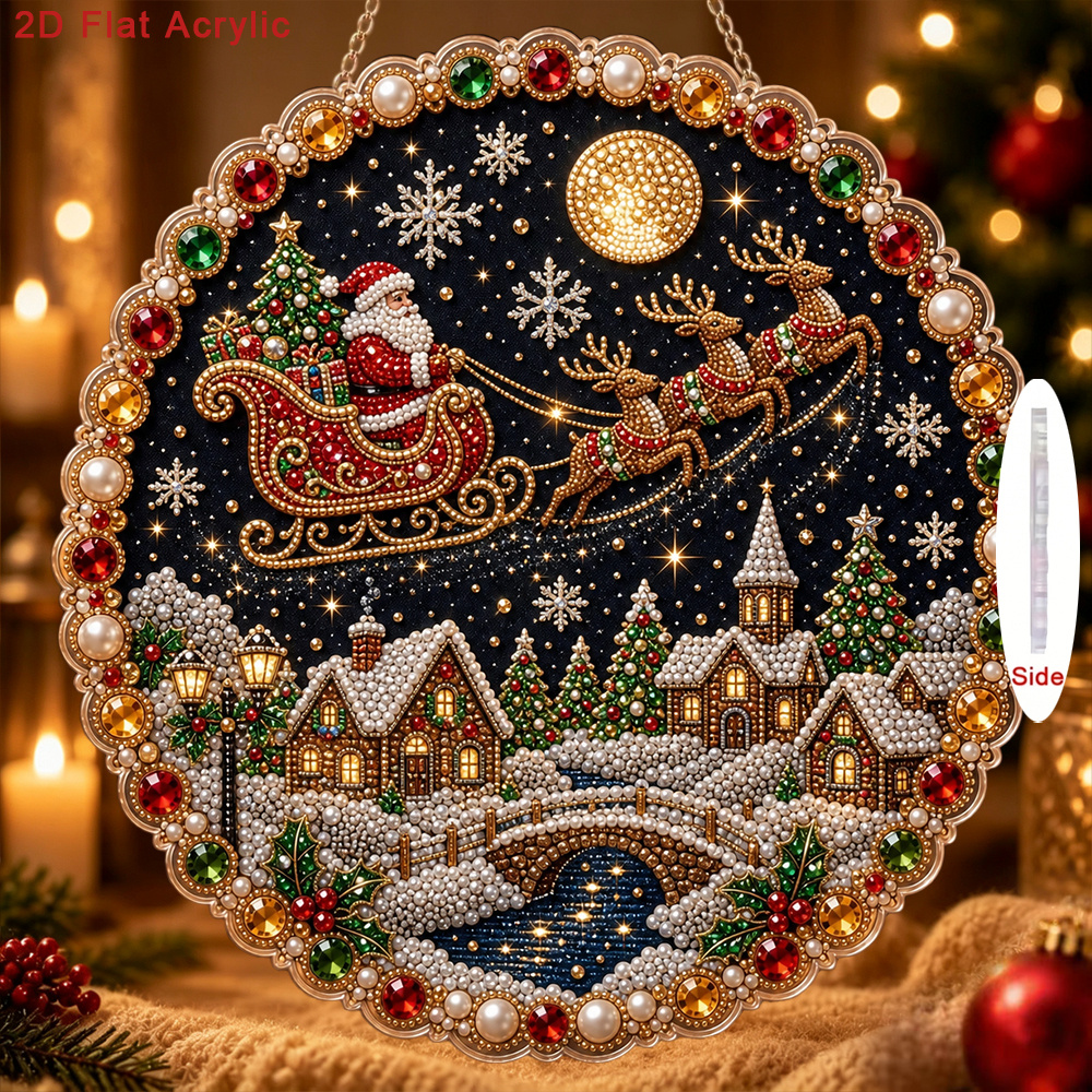 TEMU 1pc, 2d Flat Printing New Christmas Diamond Ornament, Christmas Eve Sleigh Diamond And Pearl Decorative Ornament, Acrylic Material Holiday Gift,