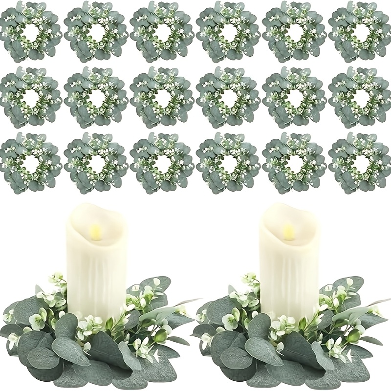 TEMU 20pcs Bohemian Eucalyptus Candle Rings| Green Leaf Wreaths For Weddings, Home& Table Decor
