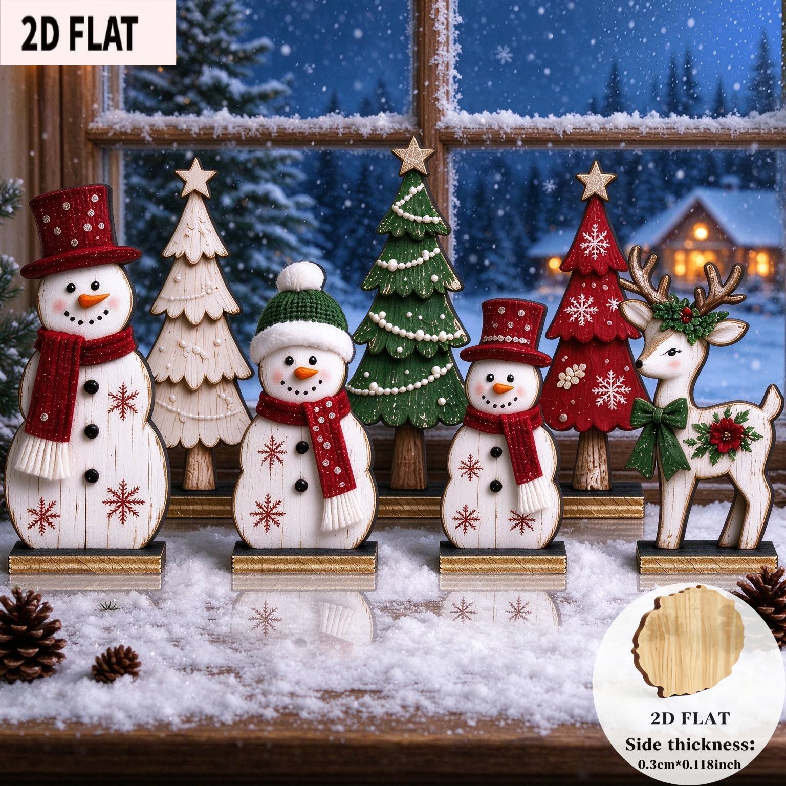 TEMU 2D Flach, 7-teiliges Weihnachts-Retro-Holz-Desktop-Ornament, kann auf Esstischen, Fensterbänken, Kaminen, Regalen, Schaufenstern usw. platziert