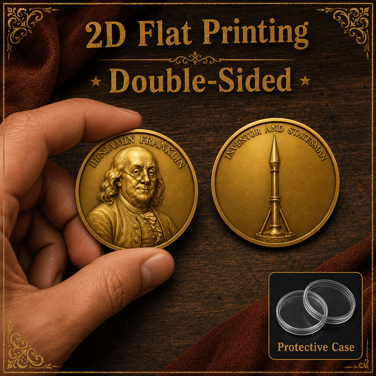 TEMU 2d Flat, 1pc, (1.57" X 1.57''), Inventor Statesman Spirit Double-sided Design Commemorative Coin, Collectible Gift, Desk Decor Pocket Token