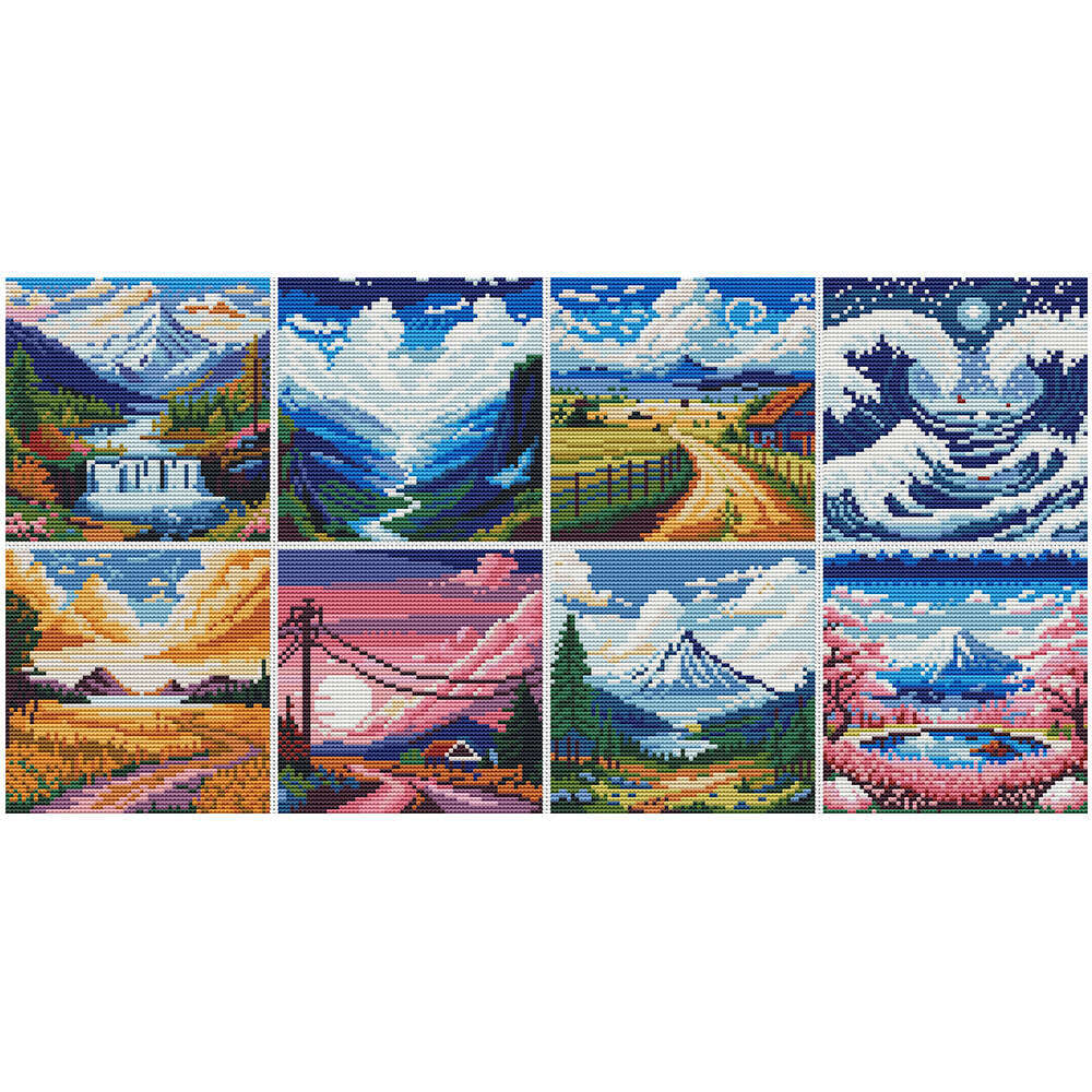 TEMU 새로운 미니 풍경 십자수 키트 (해변 및 산지 벚꽃 디자인), 초보자에게 적합. 이 다단계 자수 세트에는 선셋 하우스 벽 장식이 포함되어 있지만 프레임은 제공되지 않습니다.