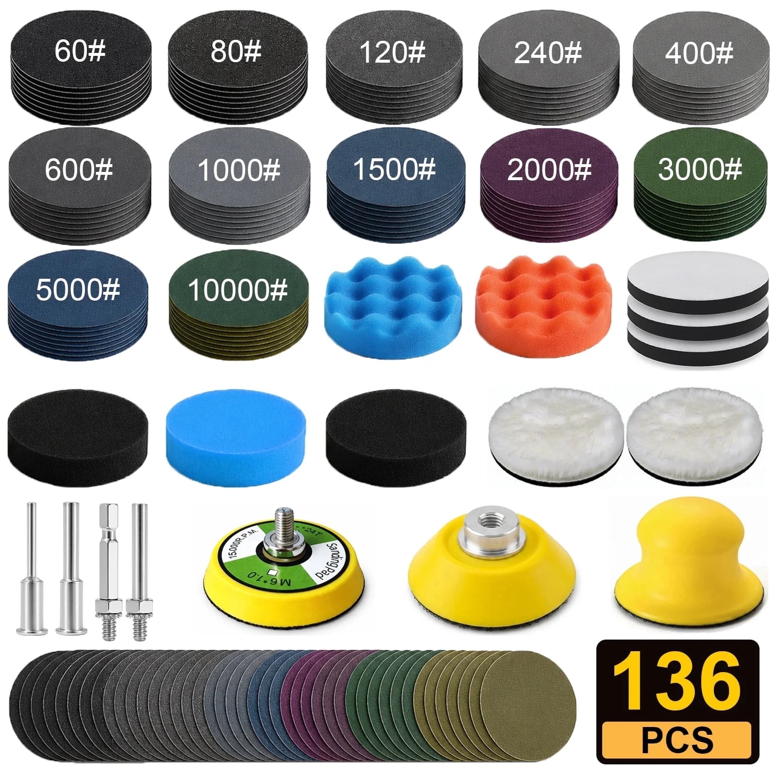 TEMU 136/256pcs 2 Inch Sanding And Polishing System, Headlight Restoration Kit, 60-10000 Grit With Sandpaper, Wool And Sponge Pads, Drill Attachments
