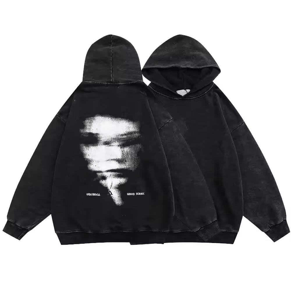 

2024 New Washed Hoodies Man Clothing With Shadow Human Patterns Pullover Black Vintage Street Cotton Oversized Hip Hop Loose Y2k Hooded Sweatshirt Unisex