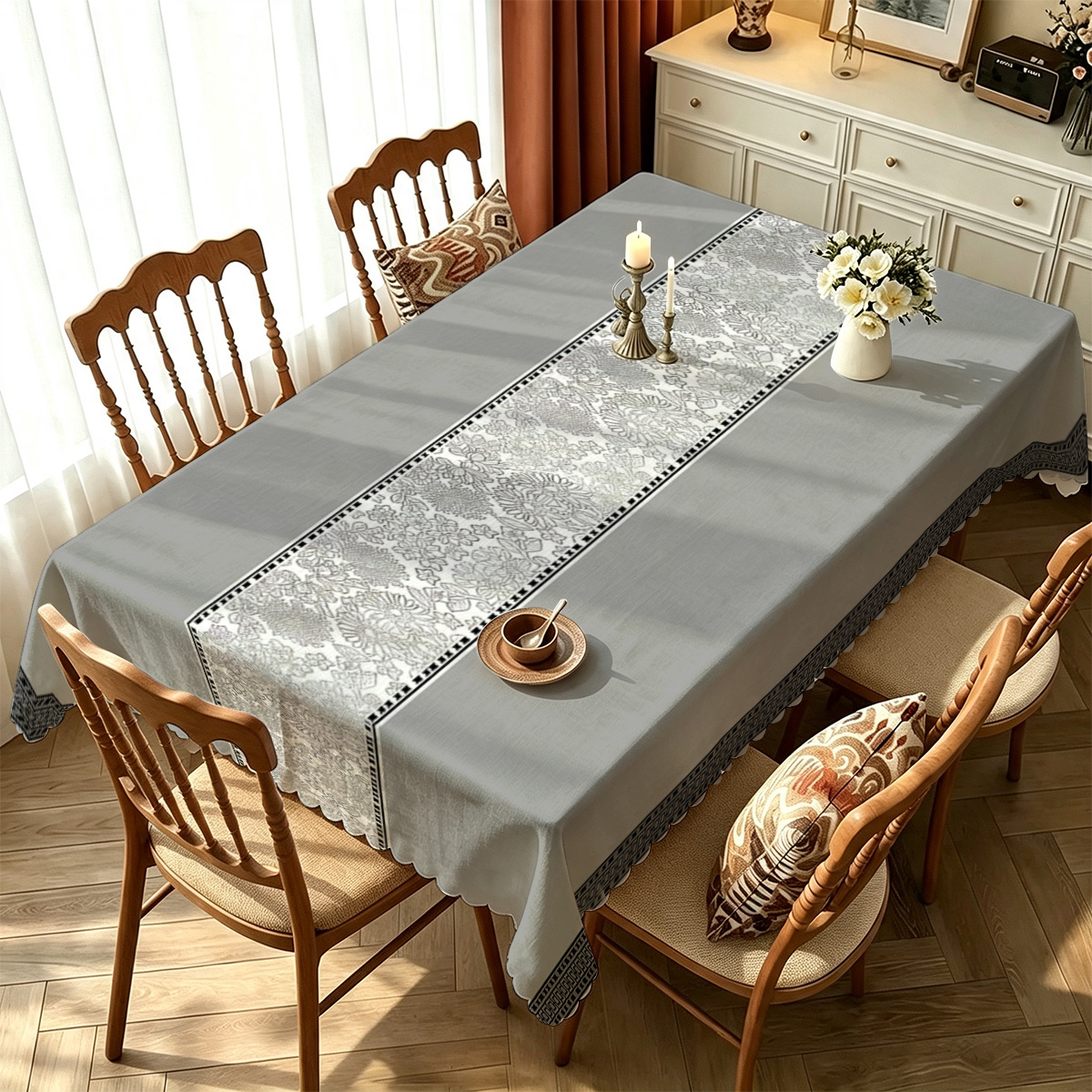 TEMU 1pc Party Tablecloth, Light Gray Background Vintage Pattern Long Strip Printed Edge Tablecloth, Elegant European Style, Tablecloth For Dining