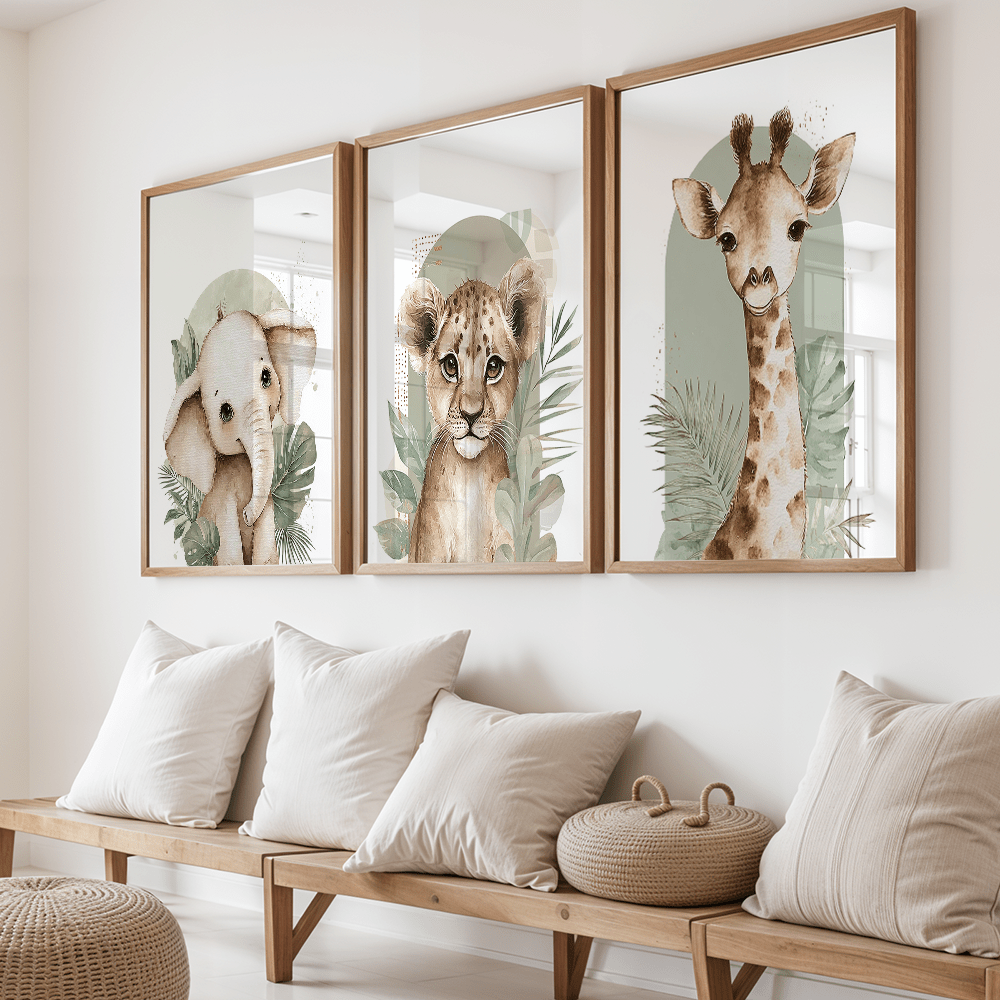 TEMU 2d Flat, 3pcs Set, Retro Poster Art Print Of Elephant, Lion, And Giraffe | Sage Canvas Painting For Bedroom, Hallway, Living Room Decor, Frame