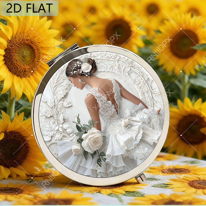 TEMU 2d Flat 1pc Portable Makeup Mirror Featuring An Elegant Woman In A Gown With Floral Lace Details Surrounded By A Delicate Embossed Floral Border