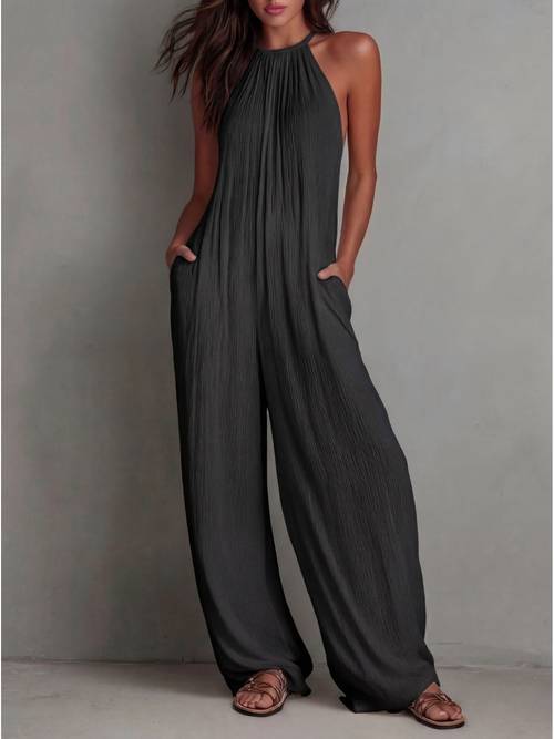 womens sleeveless halter jumpsuit with smocked bust high waist wide leg suitable for beach vacation poolside weddings outdoor events machine washable elegant round neck wide leg romper for spring summer casual wear