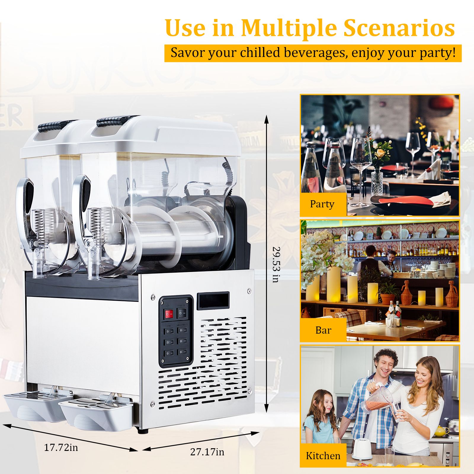 commercial slushy machines with a capacity of 30   or 8 gallons featuring 860 watts of   of stainless steel designed for making   drinks and margaritas   a self cleaning function   cocktails restaurants Product details 8