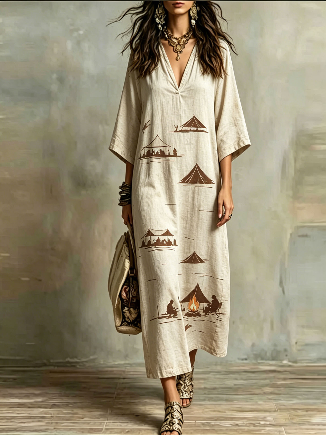 Plus Size, Camping Tent Print Plus Size Women's Kaftan Maxi Dress Ideal for  Beach, Party and Daily Wear. Breathable Loose Fit.