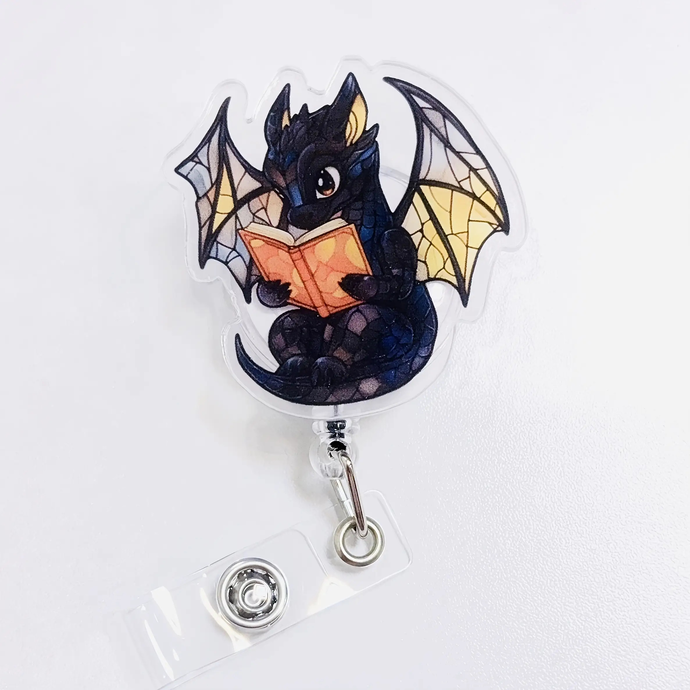 TEMU 2d Acrylic, Cartoon Black Dragon Reading Book Retractable Badge Lanyard With Clip - 2d Acrylic Id Card Holder, Suitable As A Gift For Nurses,