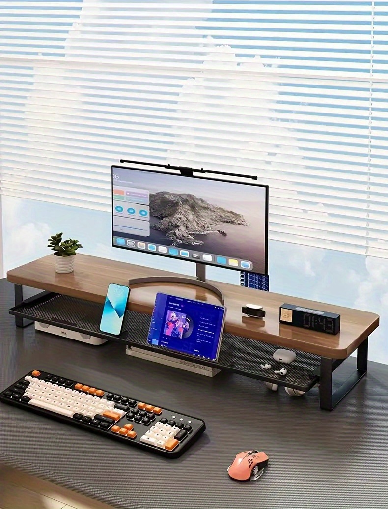 Modern Monitor Riser Stand with Easy-Pull Drawer & Multi-Color Options - 27.56x8.66inch Iron Frame Desktop Organizer, Sleek Minimalist Design for Home Office, Gaming Setup, Durable Metal Construction, Home Office Accessory, Minimalist Desk Accessory, Sturdy Construction