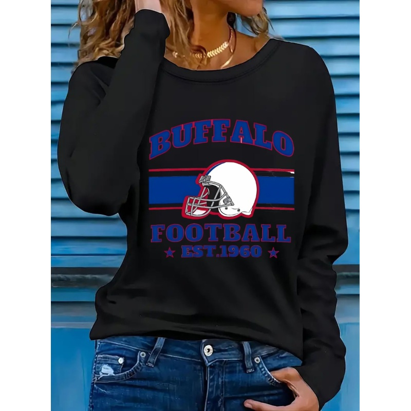 

1pc Buffalo Football Print Long Sleeve T-shirt, Casual Round Neck Top, Polyester Knit Fabric, Regular Length, Women' Tee