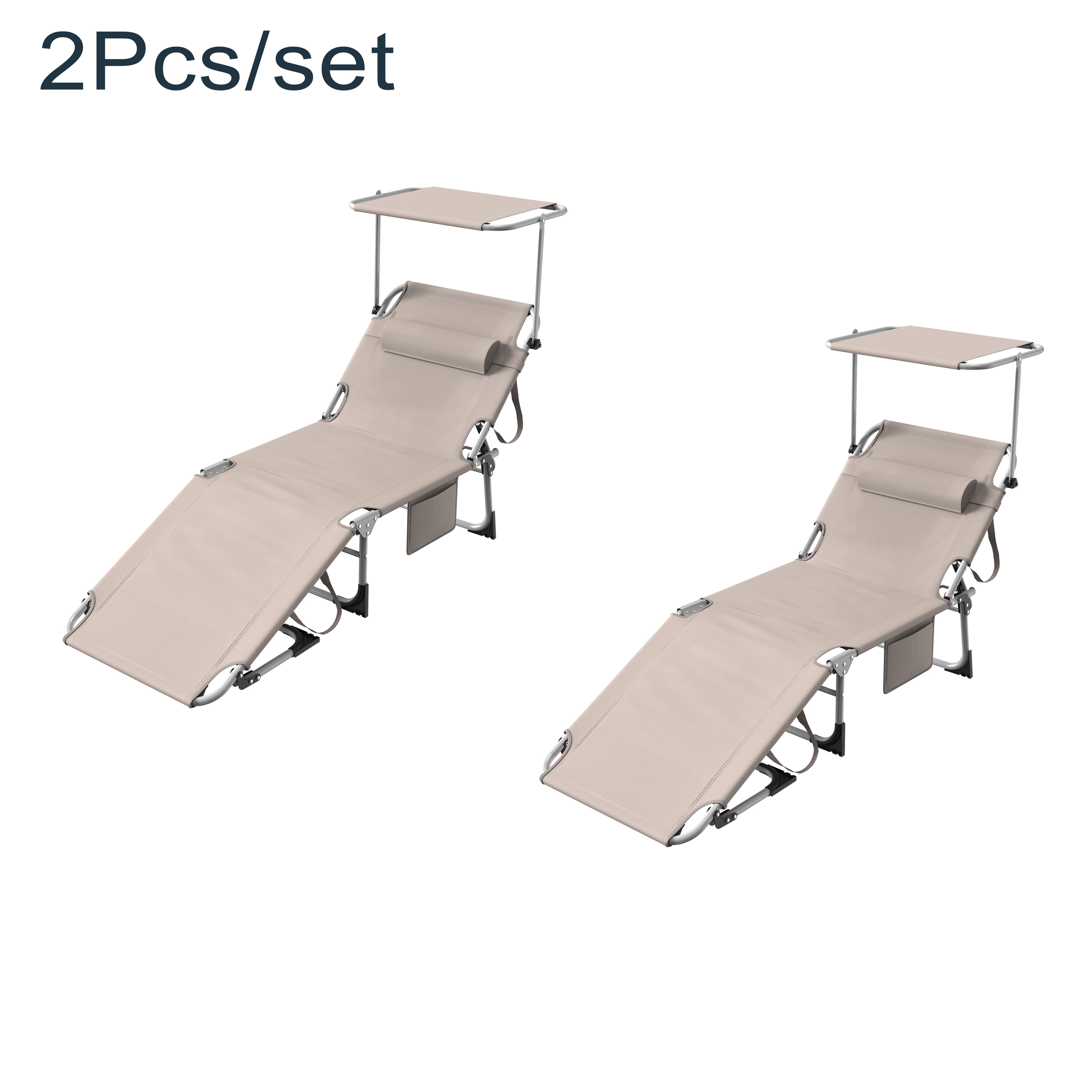 2pcs Set Foldable Sun Loungers With Sun Canopy And Side Pocket 195 X 68 Cm, Lightweight Recliner With Adjustable Backrest, Perfect For Terrace, Black//khaki/gray