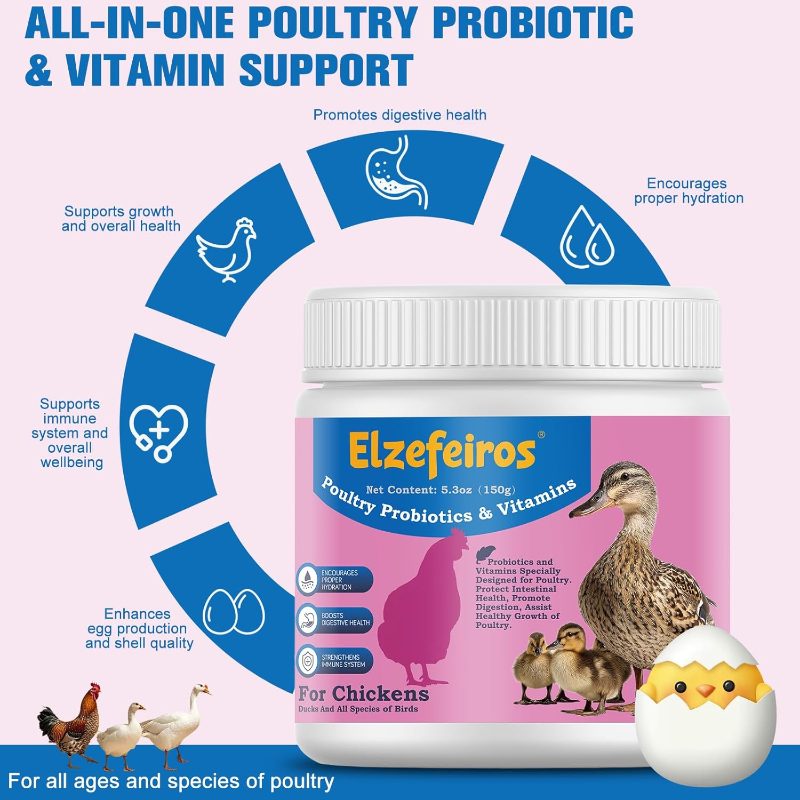 Chicken Probiotic Vitamin Supplement Immune Support Production, Digestive Aid And Hydration Support, Poultry Supplement Chickens And Ducks And All Ages of Birds (150G)