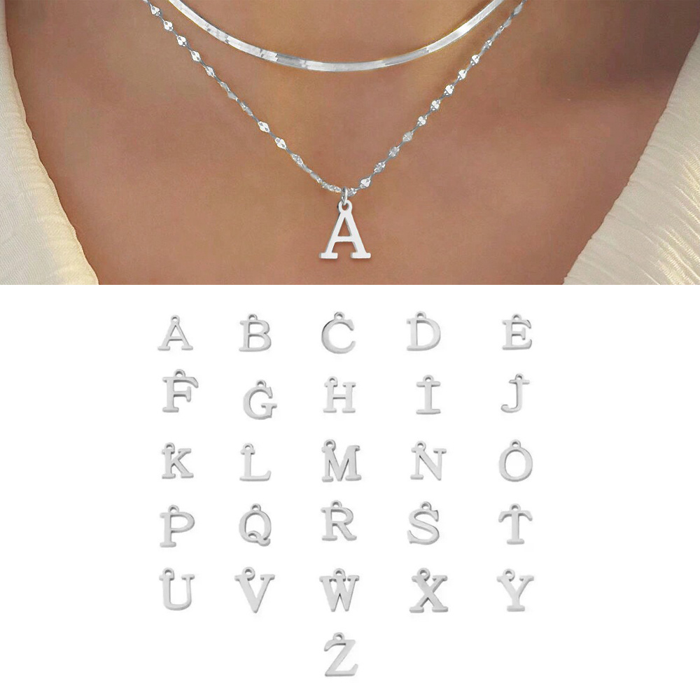 2pcs/set Steel Silvery Plated Initial Necklace Herringbone Choker Lip Chain Layered Chain Letter Necklaces For Women