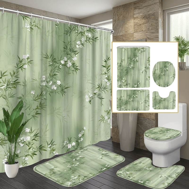 TEMU 4pcs Elegant Green White Flower And Green Leaf Shower Curtain Sets, Stylish And Beautiful Themed Bathroom Decor. The Sets Includes A Shower