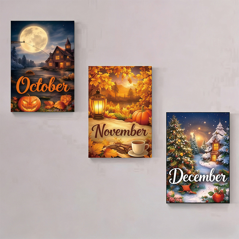 TEMU 3 Sets Diamond Painting October December Seasonal Landscape Triptych Full Diamond Canvas, Aesthetic Illustration Style, October Pumpkin Castle,