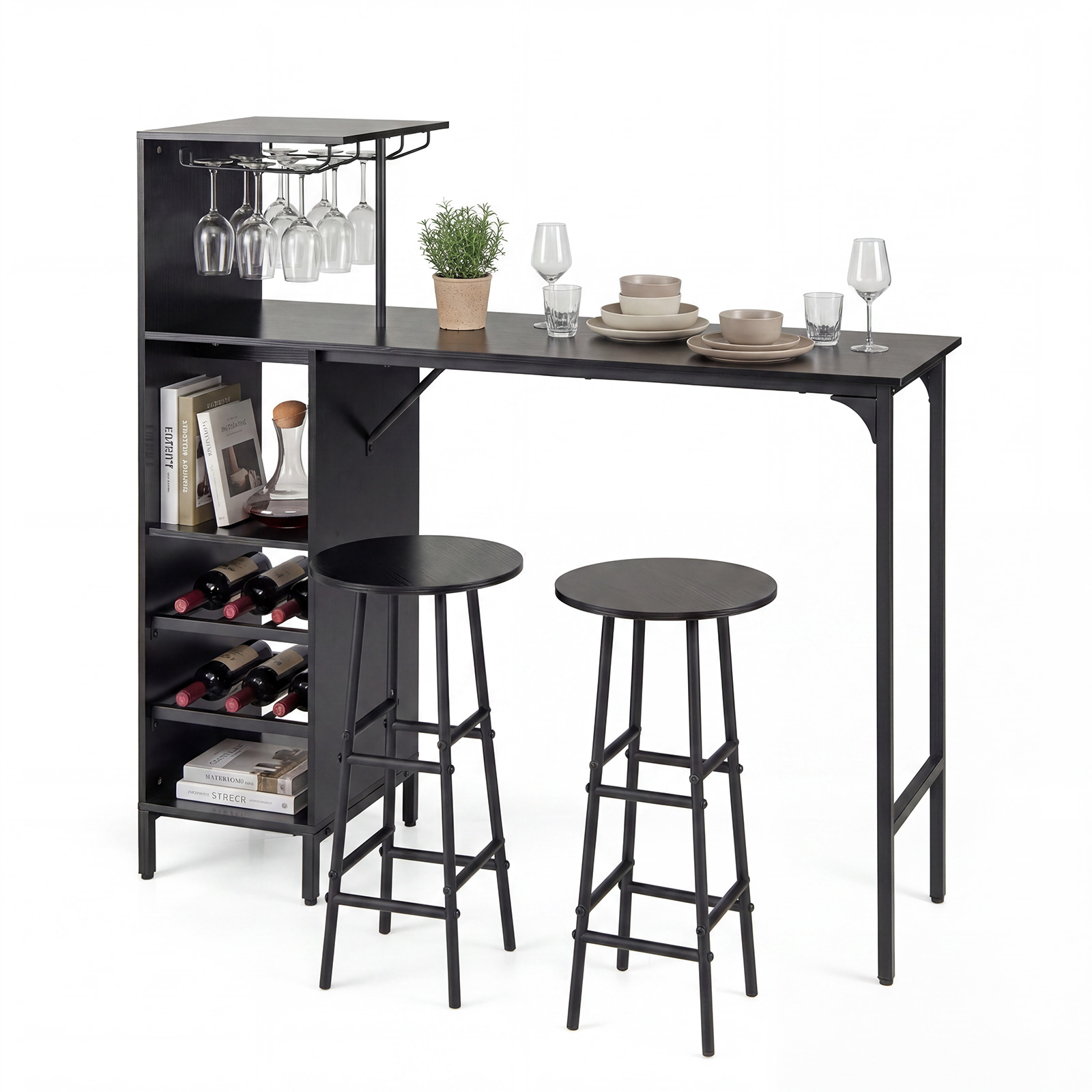 Image of Office Furniture, Table With 2 Chairs And Footrest, For 2 People With 3 Shelves, Space- Table For Home Office, Black