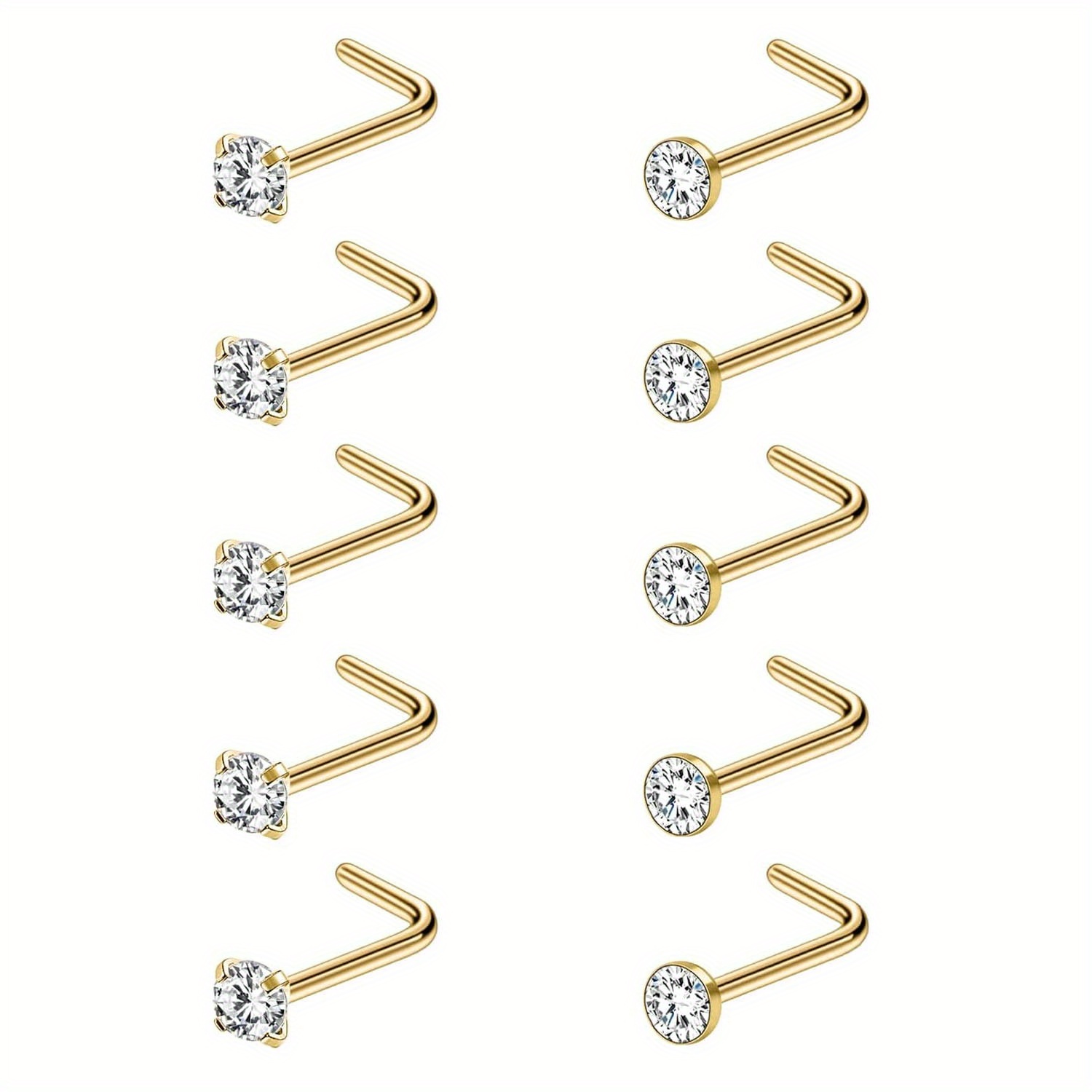 TEMU 10pcs Sets 20g Nose Ring Surgical 304 Stainless Steel Nose Rings Studs Piercing For Women Men 2mm Round Cz L Shaped Corkscrew Nose Piercing