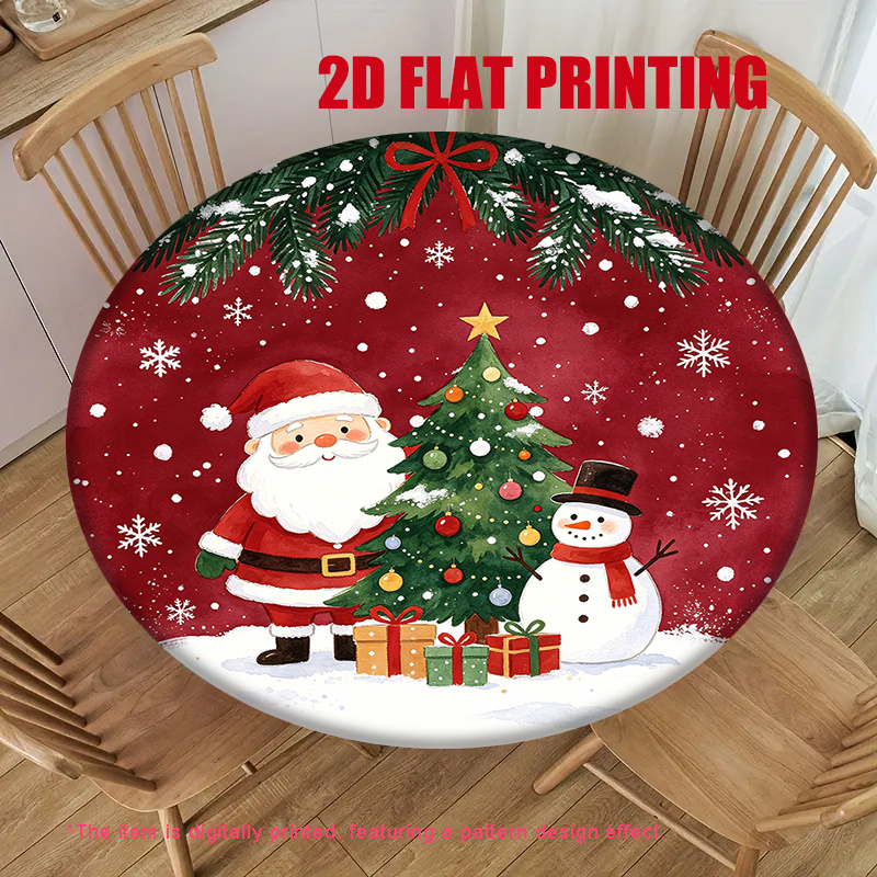 TEMU Christmas Decoration / 1pc 2d Flat Printing Stretch Round Tablecloth, Featuring Santa Claus, Christmas Tree, And Snowman, Stretch Round