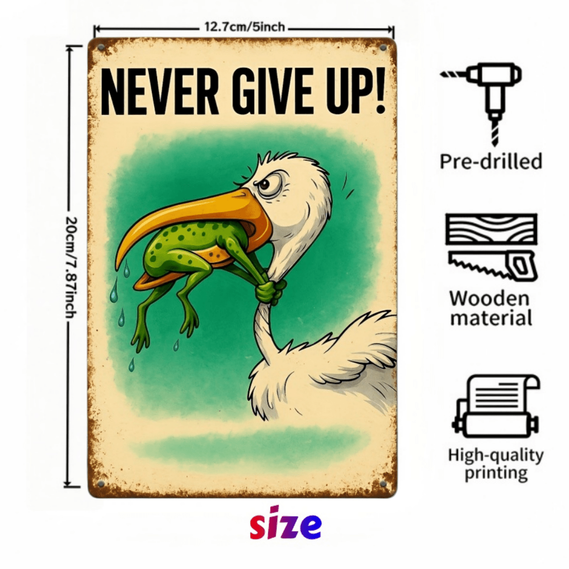 TEMU Plat 2D, 1 pièce, Slogan de motivation amusant avec grenouille et oiseau, "N'abandonne jamais !", Décoration murale vintage en bois - avec bords