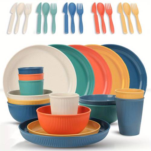 30pcs shatterproof pp plastic colorful cutlery set microwave and dishwasher safe stackable and reusable lightweight and for outdoor dining picnics and parties 5 colors of dinner plates cups bowls fork and spoon