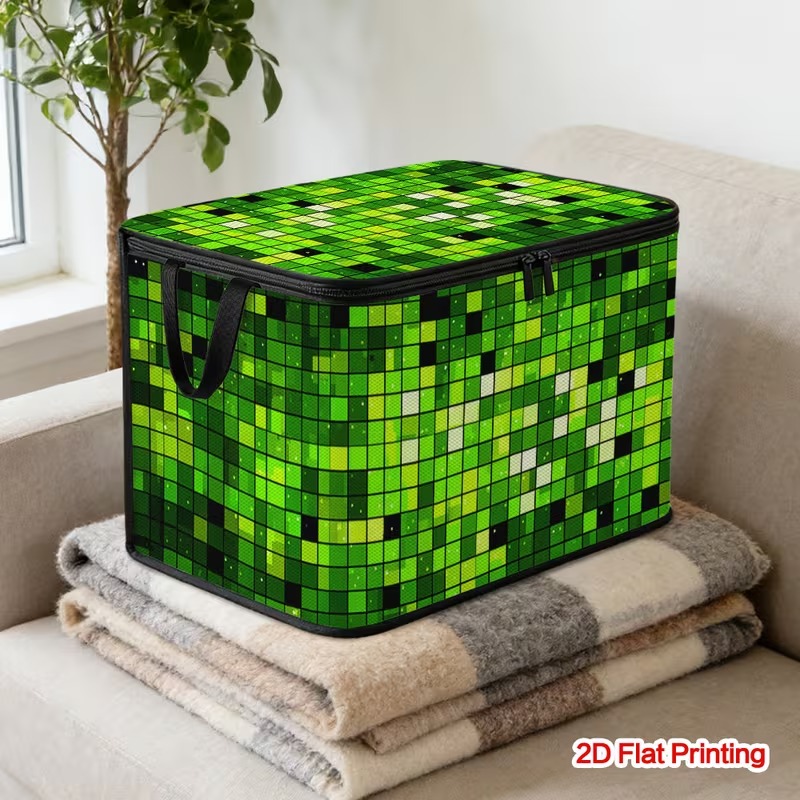 TEMU 1 Green Print Storage Basket With Lid | Large Capacity, Soft Polyester Fabric, Foldable Lidded Bin, Space-, Perfect For Storing Clothes, Books,