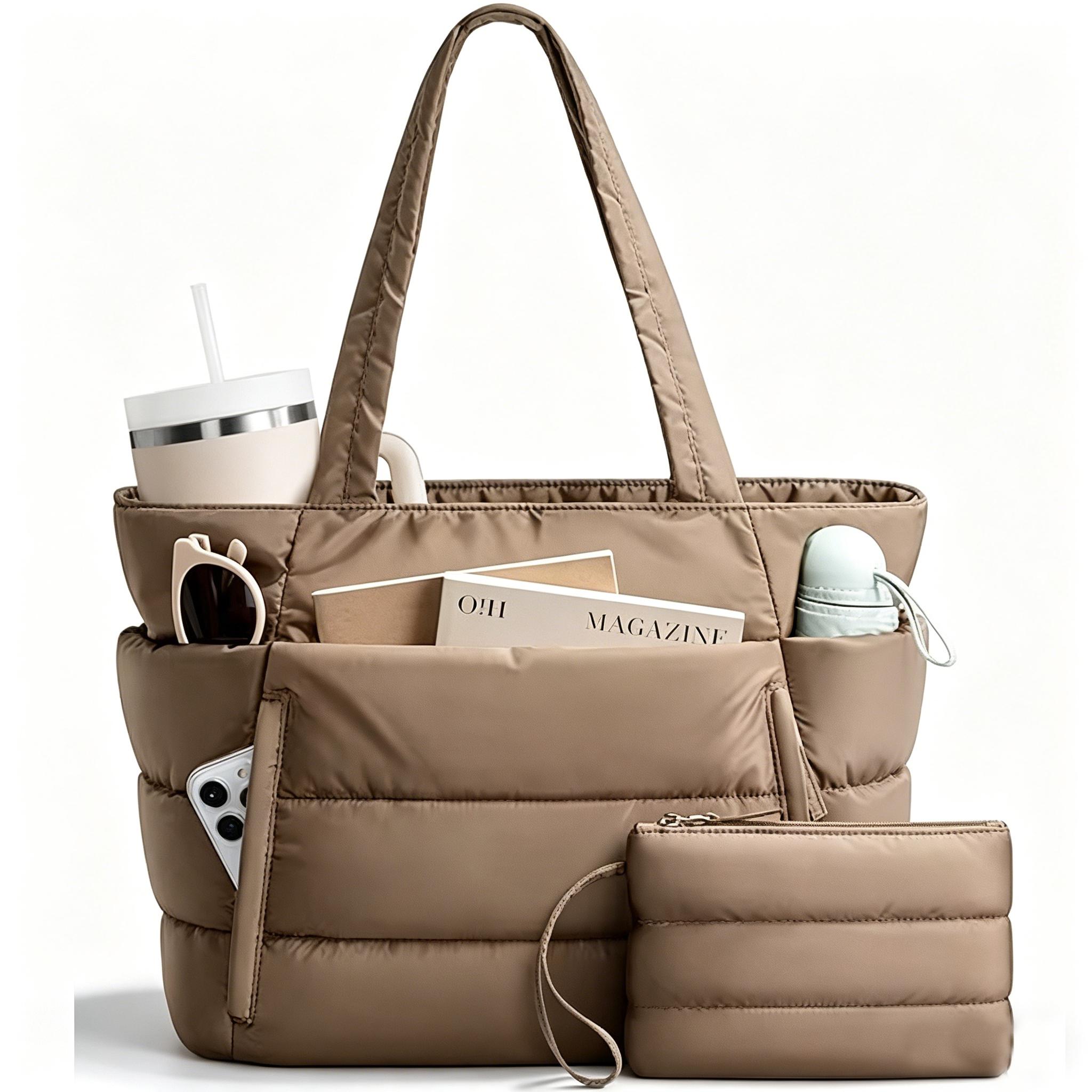 TEMU Bolso Tote Multifuncional de Color Sólido, con Compartimentos, Bolsillos Internos de Diferentes Tamaños y Correa para el , Diseñado Revistas y