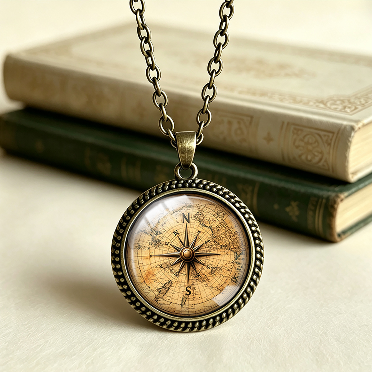 TEMU Collier pendentif 1 pièce avec imprimé carte et vintage, Charme d' nostalgique, Bijou pendentif en verre dentelle rond de 25 mm