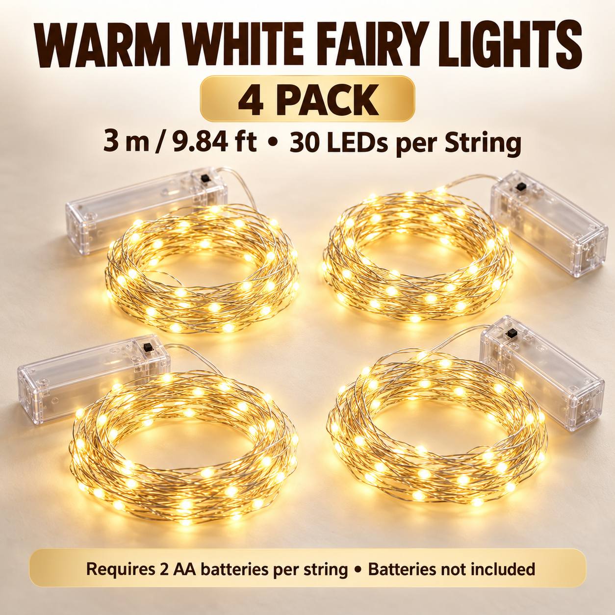 TEMU Warm White Fairy String Lights, Or 4 Pack, 30 Leds On Each Flexible Silver Wire, Battery-powered Decorative Lights For Mason Jars, Table