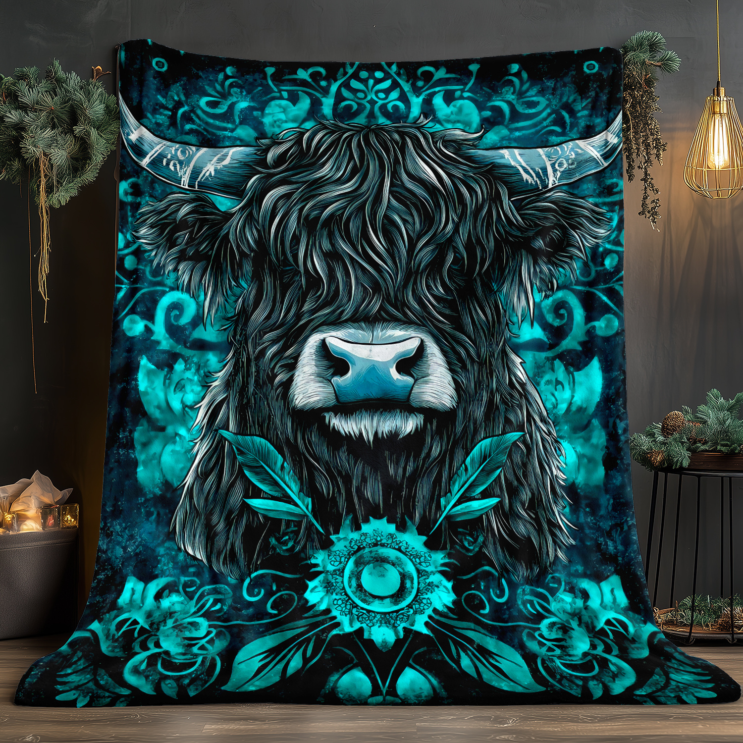 TEMU 1pc Highland Cow And Floral High-definition Printed Flannel Blanket - Lightweight, Warm Polyester, Suitable For Sofa, Bed, Travel, Office -