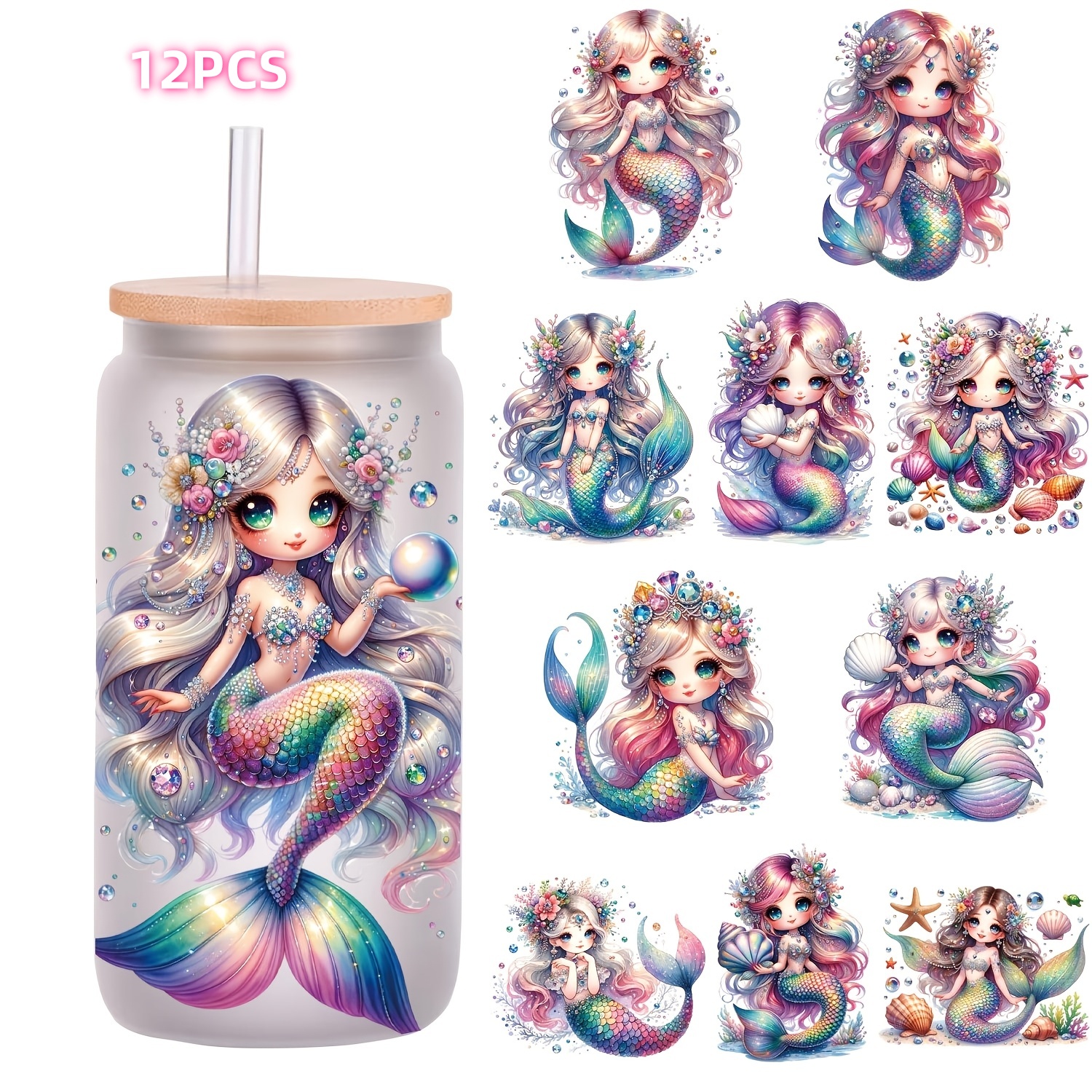 TEMU 12pcs Mermaid Dwarf 16oz Glass Jar Packaging Pearl Coffee Cup Uv Dtf High- Decorative, Transfer , Other Items Not Included