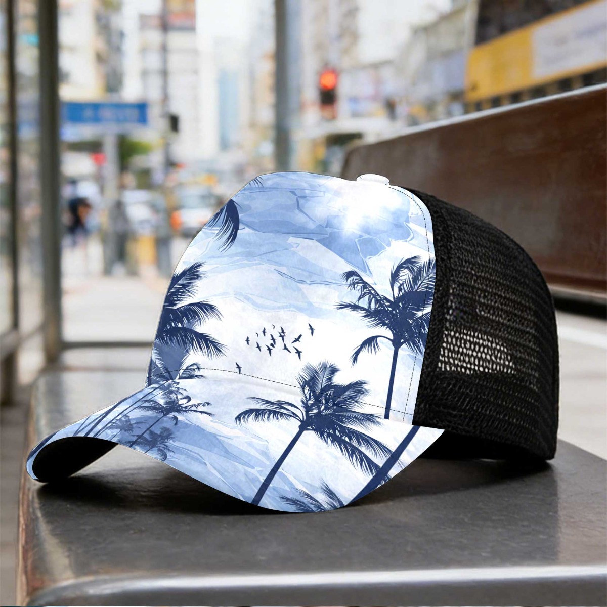 TEMU 1pc Blue Print Duckbill Hat Mesh Cap Stylish Hand Washable Durable Headwear Breathable Design Unisex Holiday Theme For Family Friend
