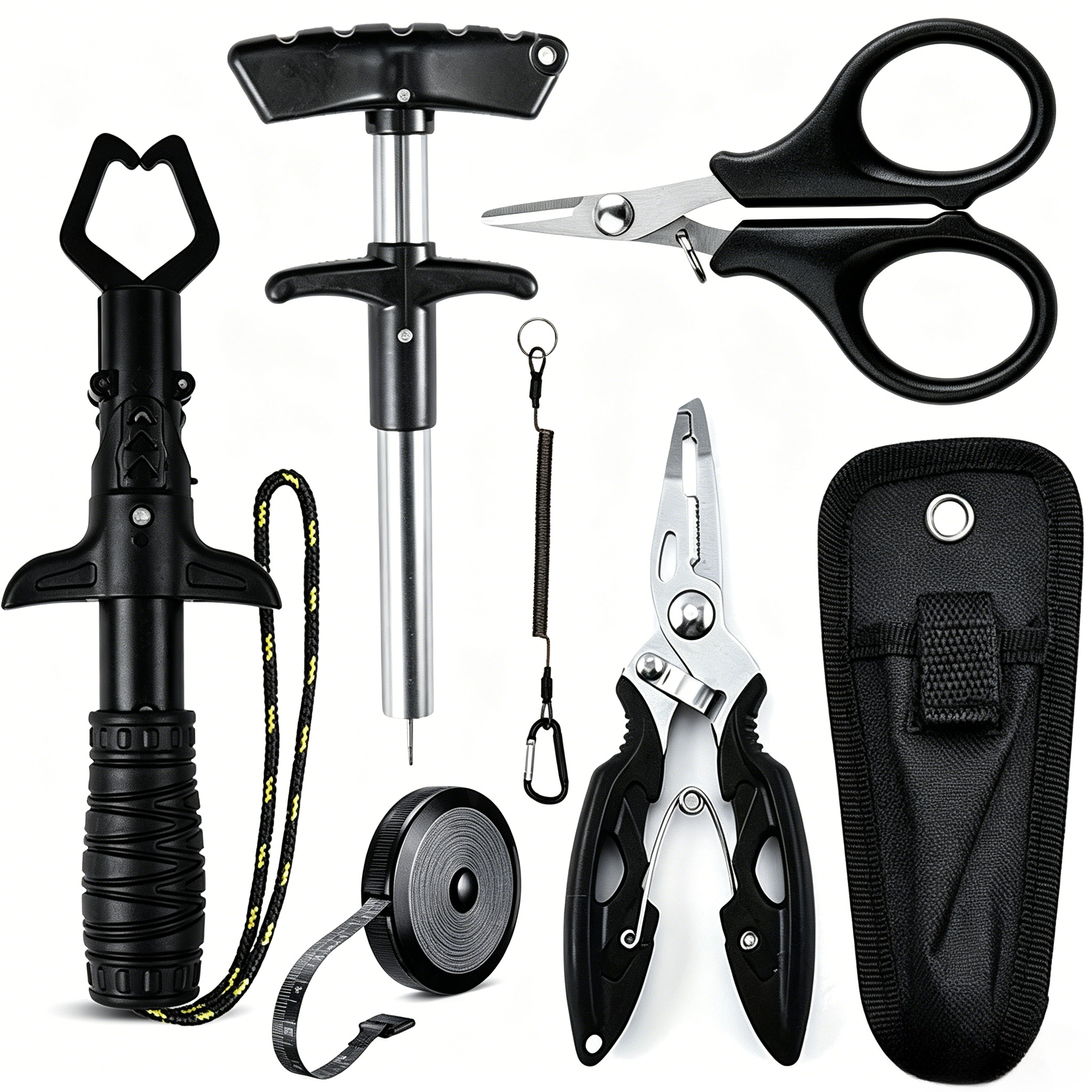 TEMU Ensemble d'outils de pêche portables 7 pièces, comprend 1 pince à poisson, 1 mètre ruban, 1 paire de ciseaux courts, 1 coupe-hameçon, 1 pochette