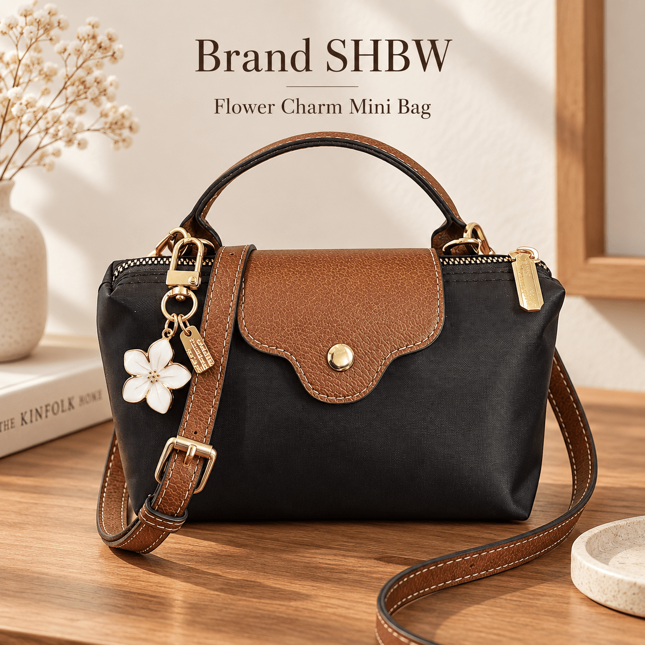 TEMU Sac bandoulière noir pour femme de SHBW avec texturé marron, fermoir à porte avec breloque fleur, matériel doré et bandoulière réglable, sac à