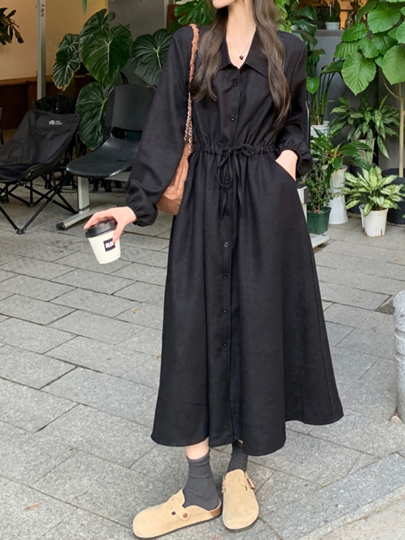 womens korean style collar maxi dress adjustable waist loose - Temu Japan