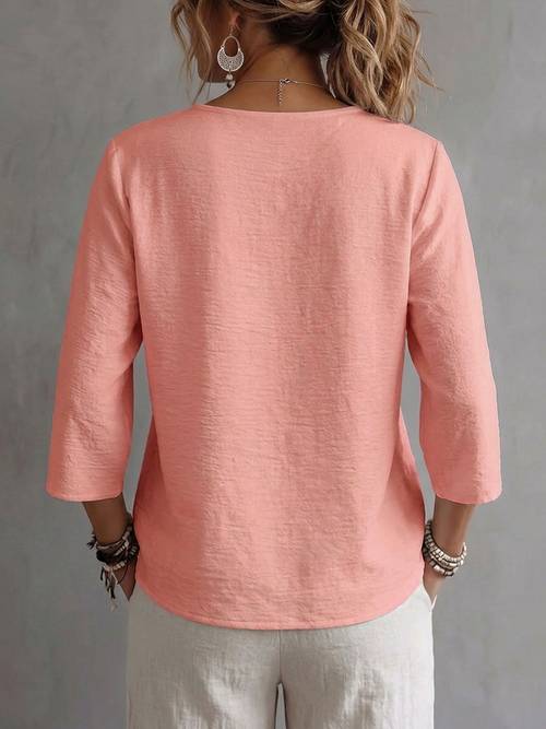 solid color qf womens new style top spring summer autumn casual simple breathable comfortable top womens three quarter sleeve v neck top