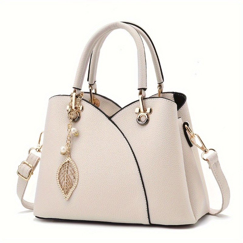 

Elegant Solid Color Pu Top-handle Handbag With Leaf Pendant, Shoulder Bag With Polyester , Professional , Zipper Closure - Occasion Ready