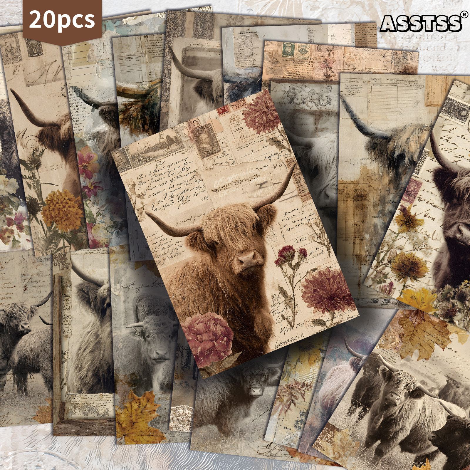 TEMU 20-pack Asstss Vintage Armhouse Highland Cow Postcards - 4x6 Inches Retro Junk Journal Supplies, Classic Pinup Illustrations Collectible