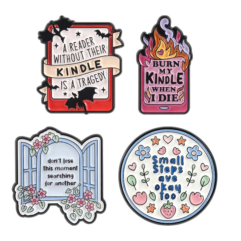 TEMU 4pcs Patchs de lecture laqués à de couleurs - Broches en résine peintes à fleurs littéraires pour les amateurs de livres Kindle - Additions de