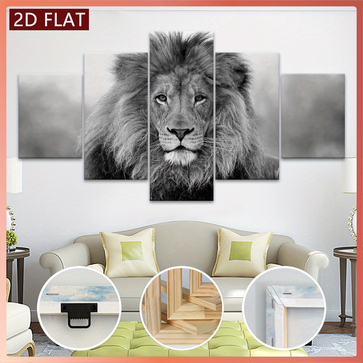 [2D Vlak] 5 stks PENNIMOR Leeuw Canvas Muurkunst - Majestueus Zwart & Wit Leeuw in Boslandschap, Modulaire Beeldset, Waterdicht & Geurloos Houten Framing, Ideaal voor Slaapkamer, Woonkamer, Studentenverblijf Decor, Natuur-Inspireerde Cadeau, Leeuw Muur Deco