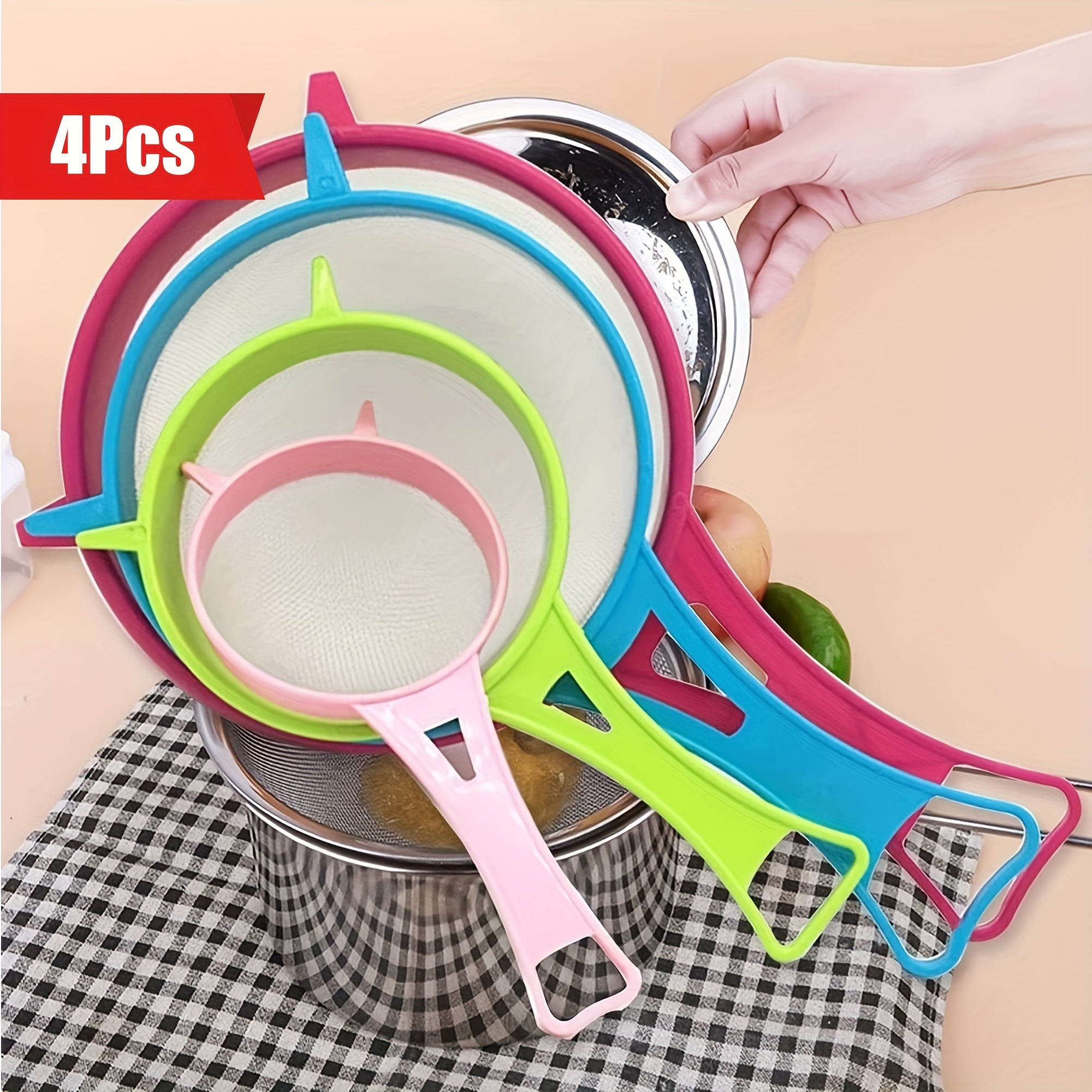 4pcs Multifunctional Strainer Set - Colorful Kitchen Filter Suitable for Tea, Juice, And Soy Milk - Durable Food-Grade Plastic Design with Ergonomic Handle And Fine Mesh - Space-Saving Kitchen Tool, Countertop Water Filter, Tea Brewing Device 11 4pcs Multifunctional Strainer Set - Colorful Kitchen Filter Suitable for Tea, Juice, And Soy Milk - Durable Food-Grade Plastic Design with Ergonomic Handle And Fine Mesh - Space-Saving Kitchen Tool, Countertop Water Filter, Tea Brewing Device