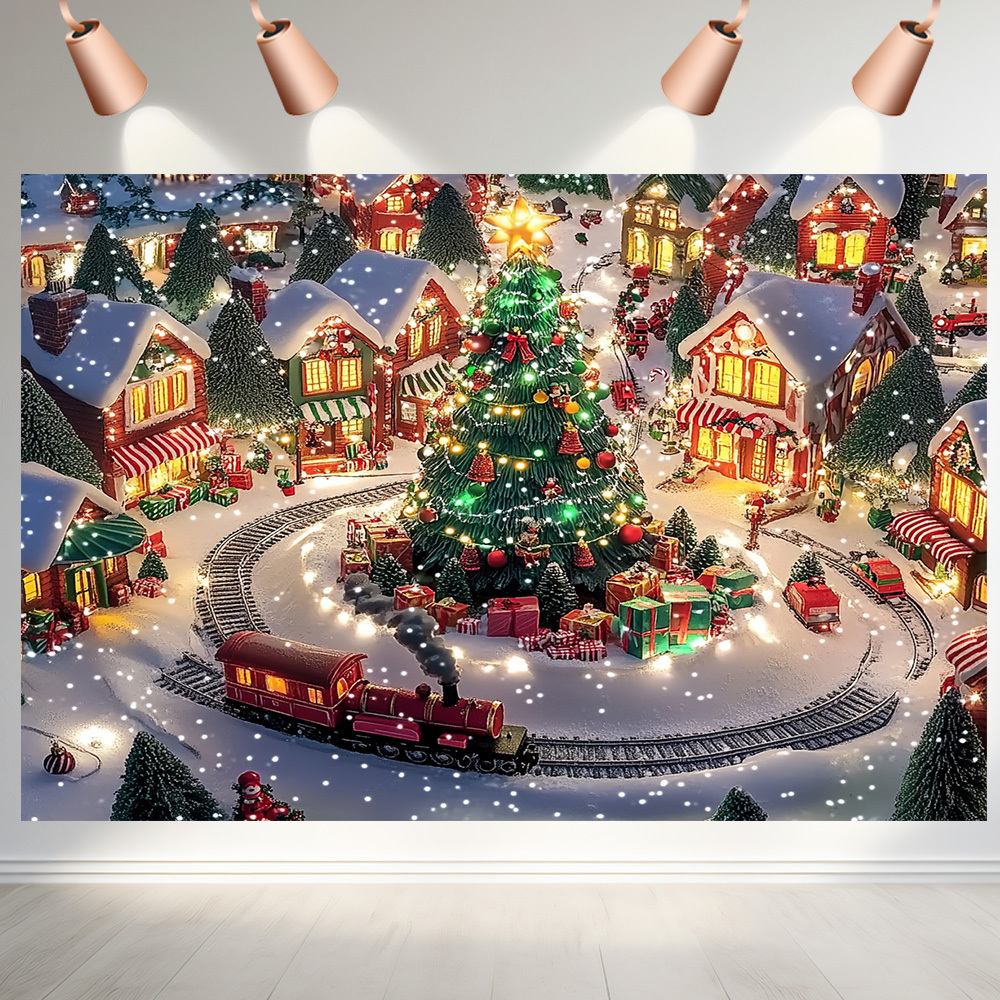 2D Plat, Zelfverlichtend Winterdorp Muurdecoratie met Gloei-effect - Besneeuwde Huizen, Kerstboom, Trein & Locomotief - Geen Elektriciteit Nodig, Eenvoudige Opzet voor Buiten-Kerstfeest of Trouw Achtergrond, 1 Stuk