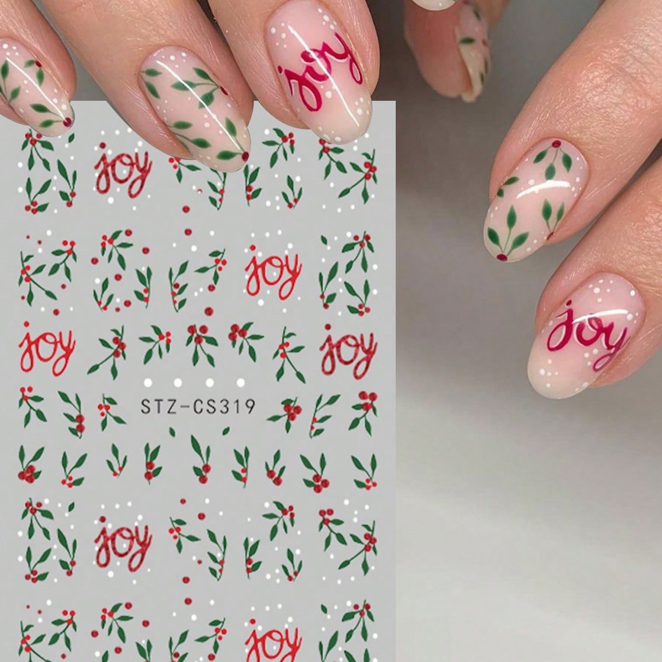Image of 1pc Red Green Christmas Holly Leaf Winter Nail Art Stickers Joy Xmas Decals New Year Holiday Nail Supplies Self Adhesive Charms Decoration