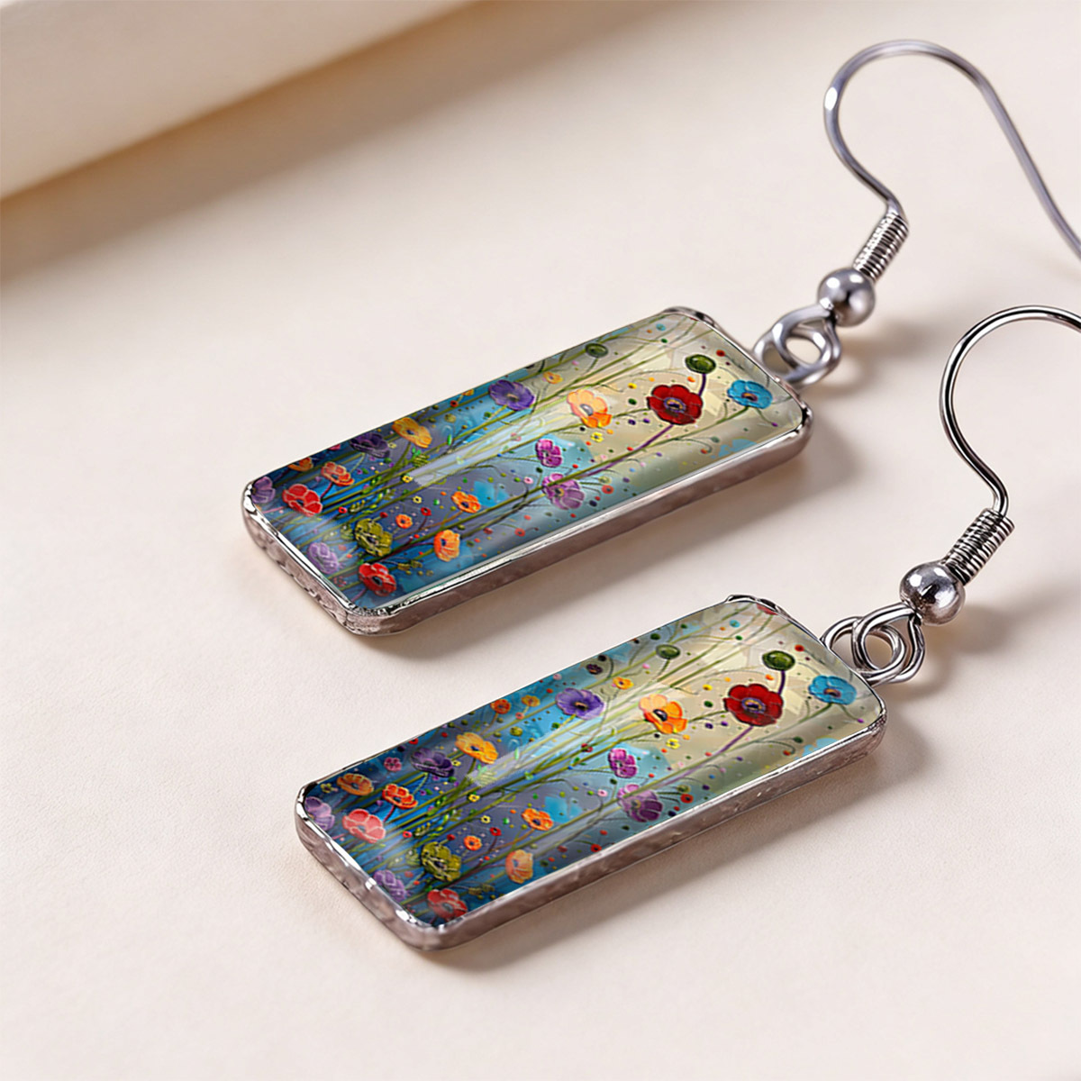 Bohemian Gradient Blue Flower Print Earrings, Unisex