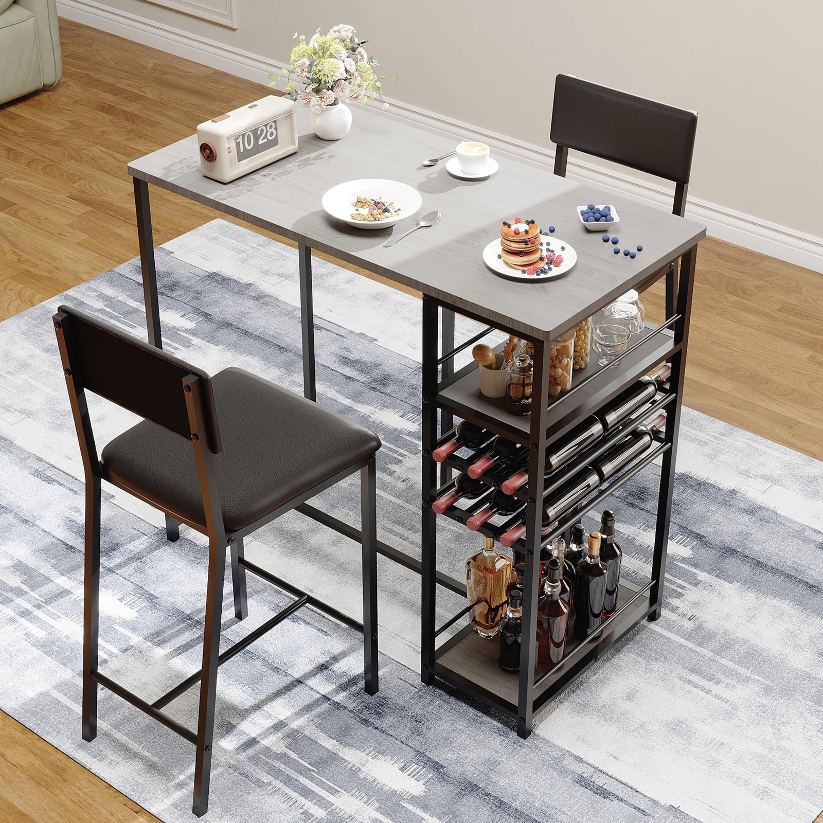 Space- 2-seater Dining Table Set, Open Storage Shelves, Integrated Cup Holders, Padded Chairs, Durable Industrial Restaurant And Bistro Furniture For Kitchens And Coffee