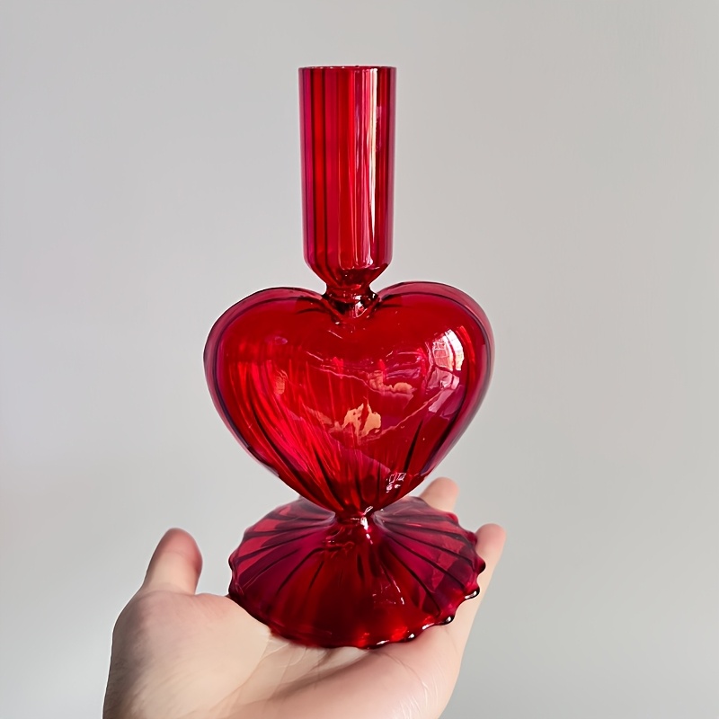 TEMU Elegant Heart-shaped Glass Candle Holder - Vintage Candlestick For Valentine's Day And Special Occasions | Table Decoration For Dinner Parties,