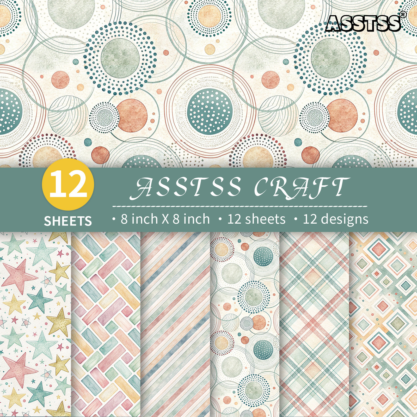 TEMU Bloc de papier scrapbooking ASSTSS de 12 feuilles 8*8 pouces | Papier de base rétro couleur douce, géométrique, minimaliste et frais, papier